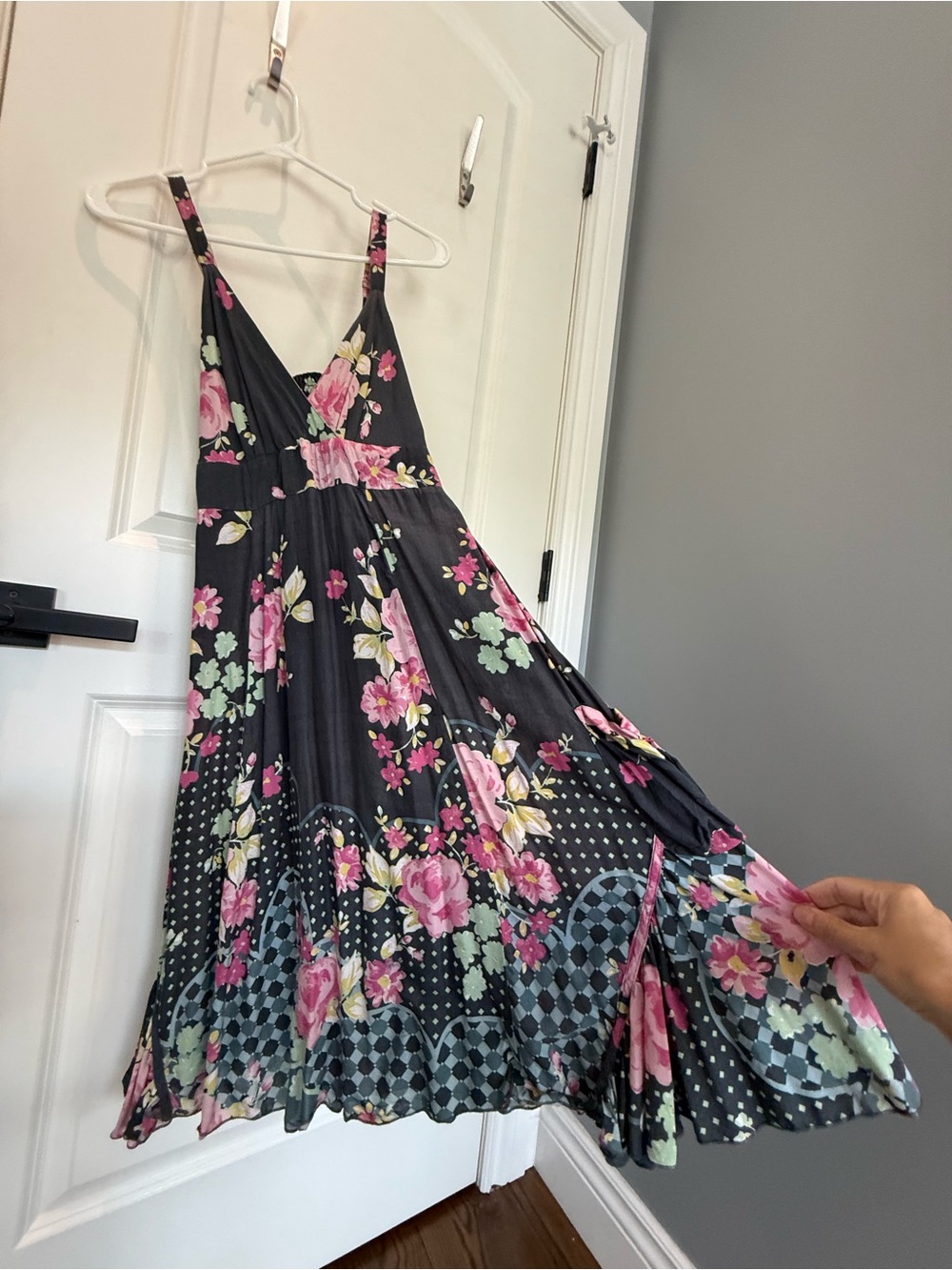 Black Floral Midi Dress with Pink Rose Print